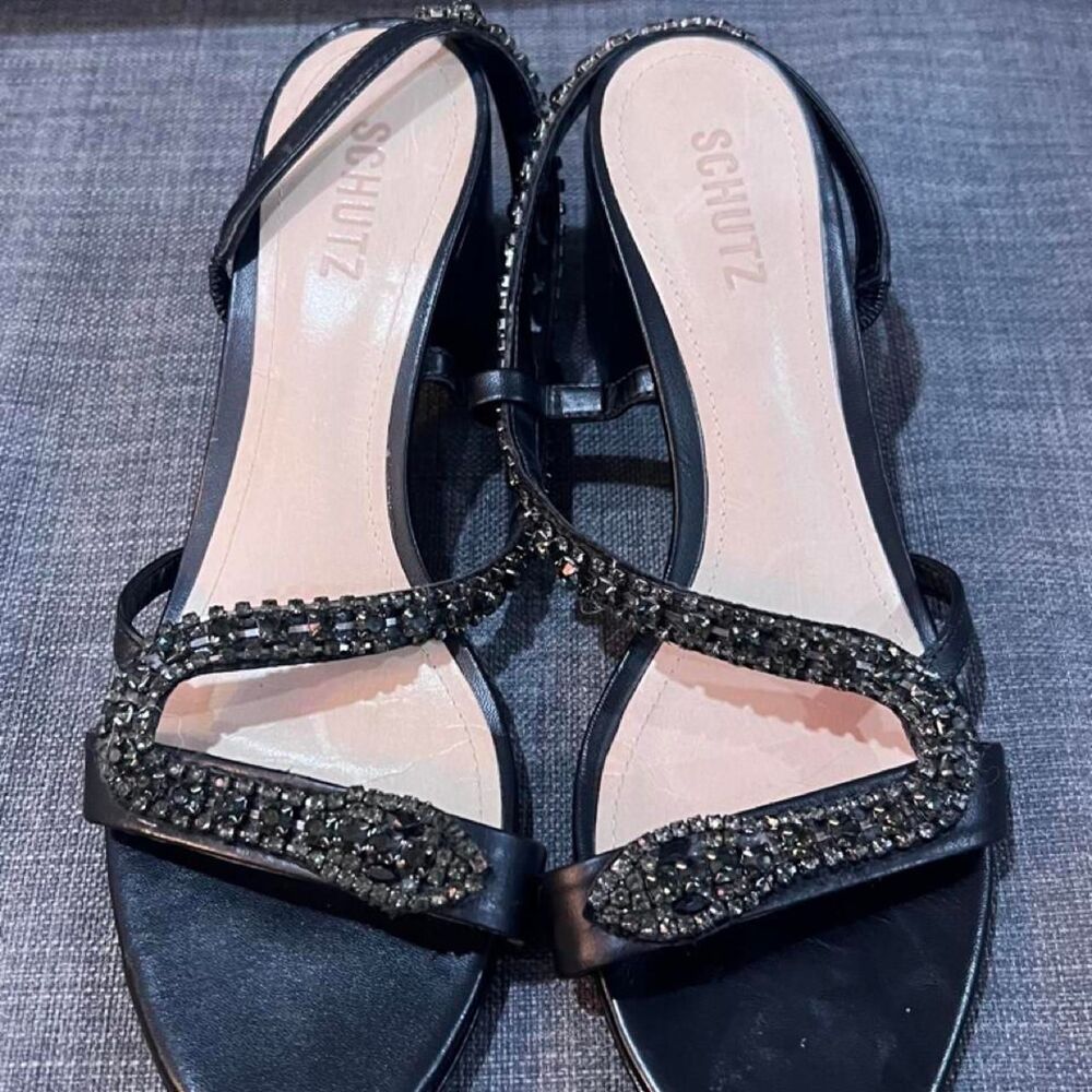 Schutz Black Rhinestone Strappy Block Heel Sandals EU 40
